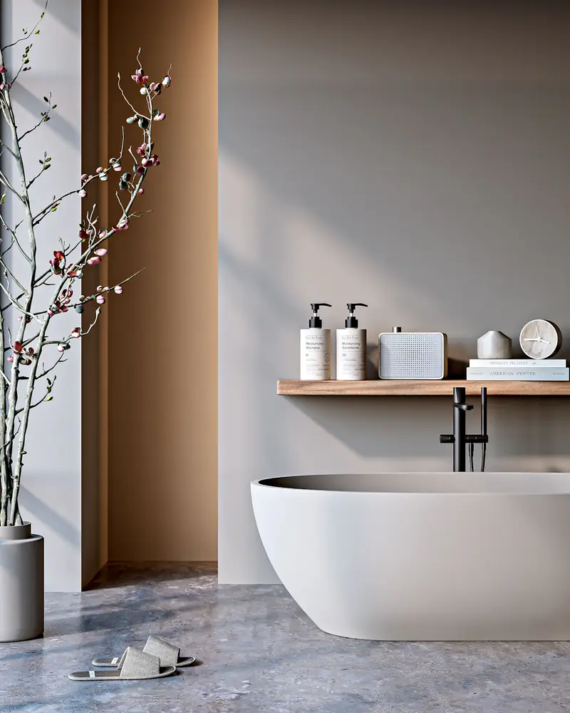 Salle de bain beige avec niche maçonnée