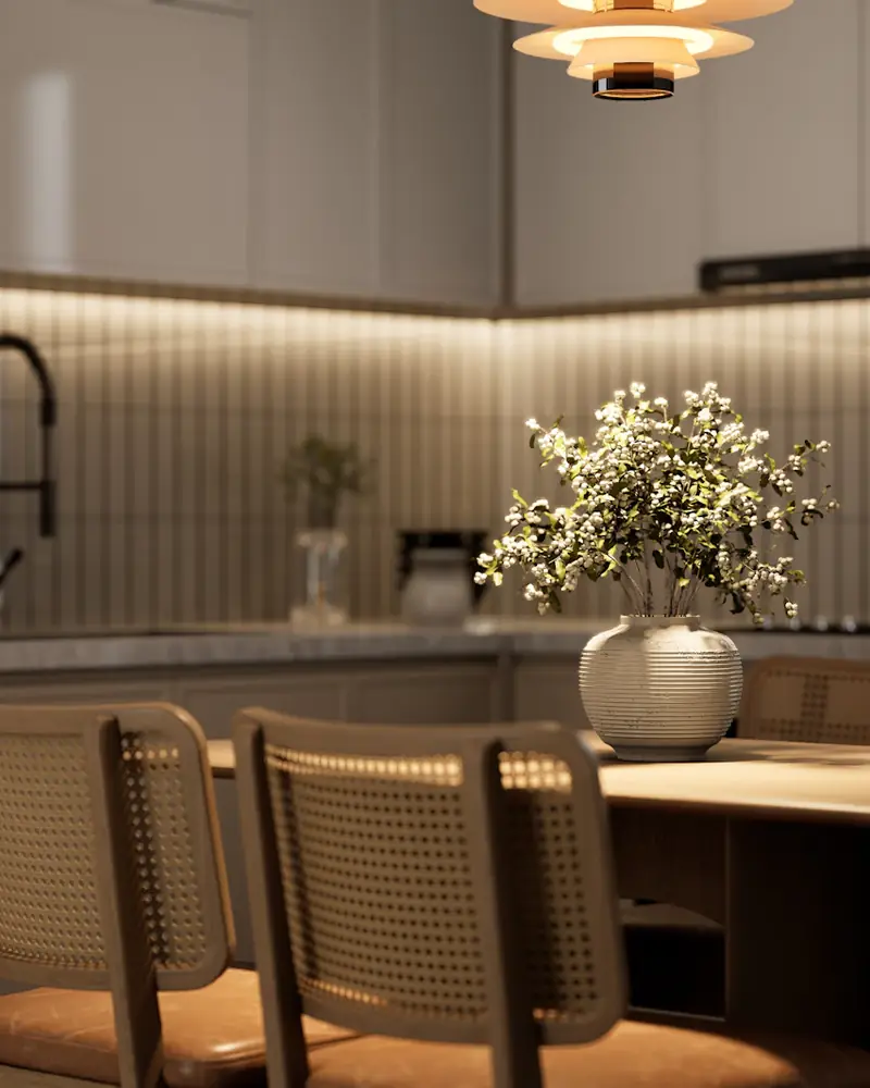 Cuisine en bois éclairée d'une lumière chaude