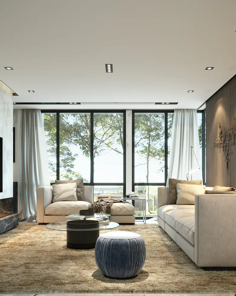 Séjour contemporain avec cheminée et baies vitrées