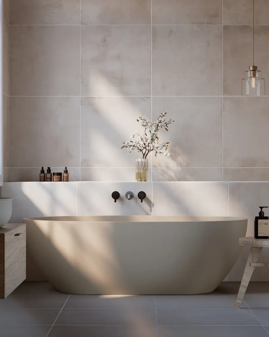 Salle de bain claire avec baignoire îlot