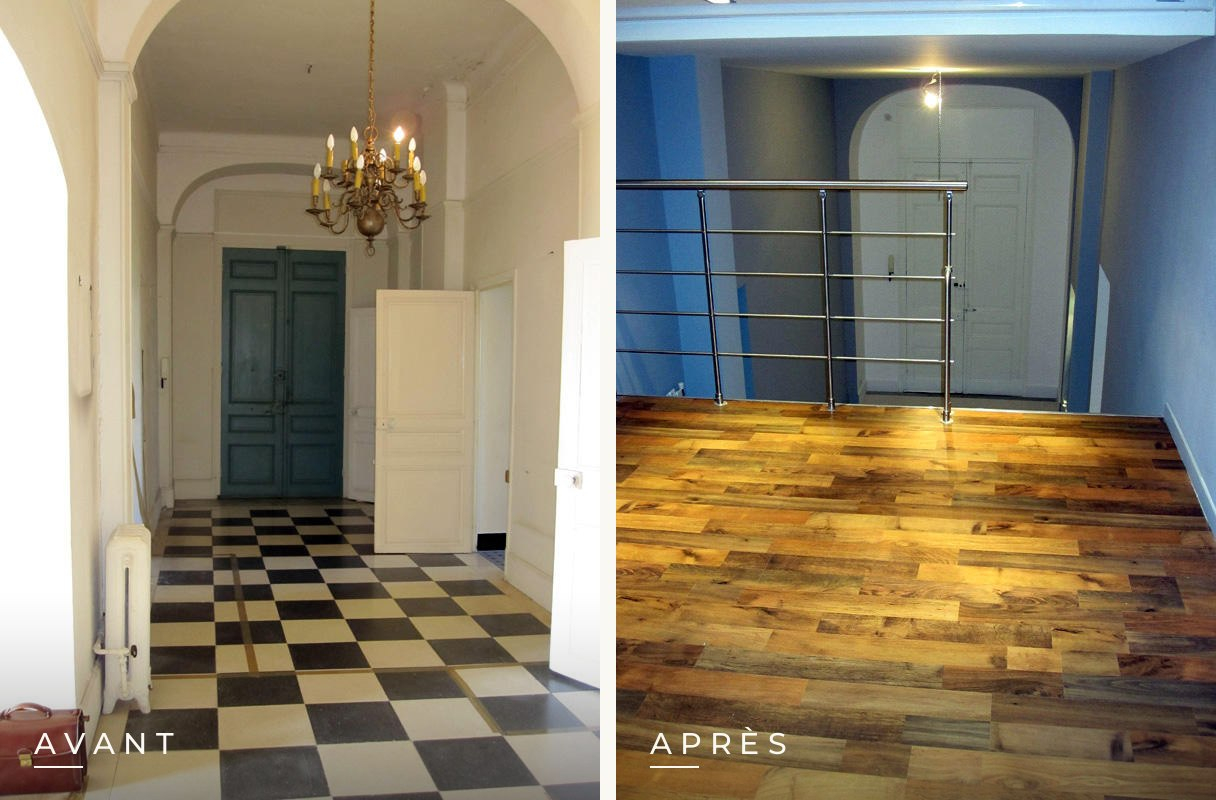 Entrée à damier transformée en espace bibliothèque avec parquet : avant et après
