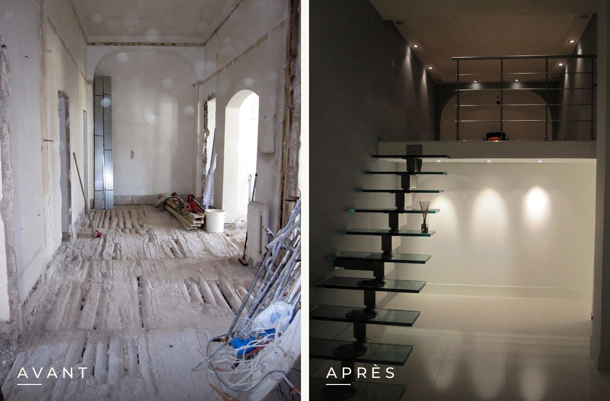 Couloir en chantier devenu un espace avec escalier à marches de verre : avant et après