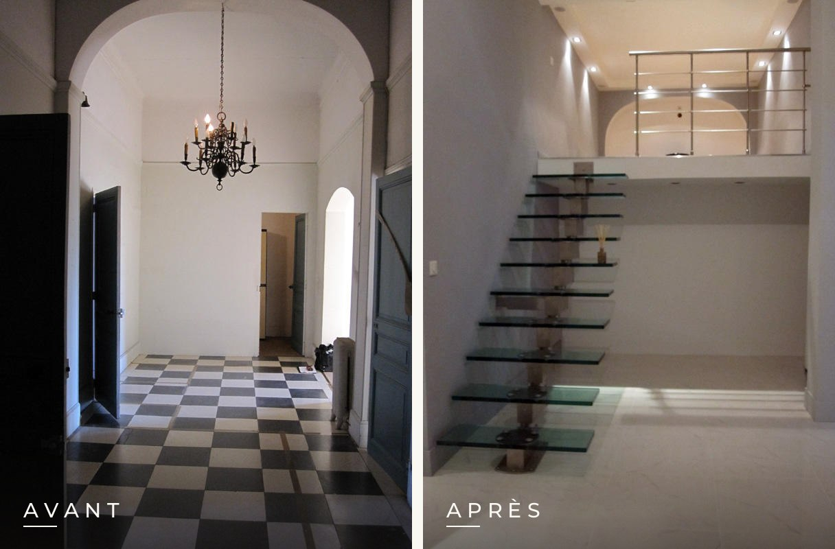 Pièce à grande hauteur sous plafond transformée par une mezzanine : avant et après