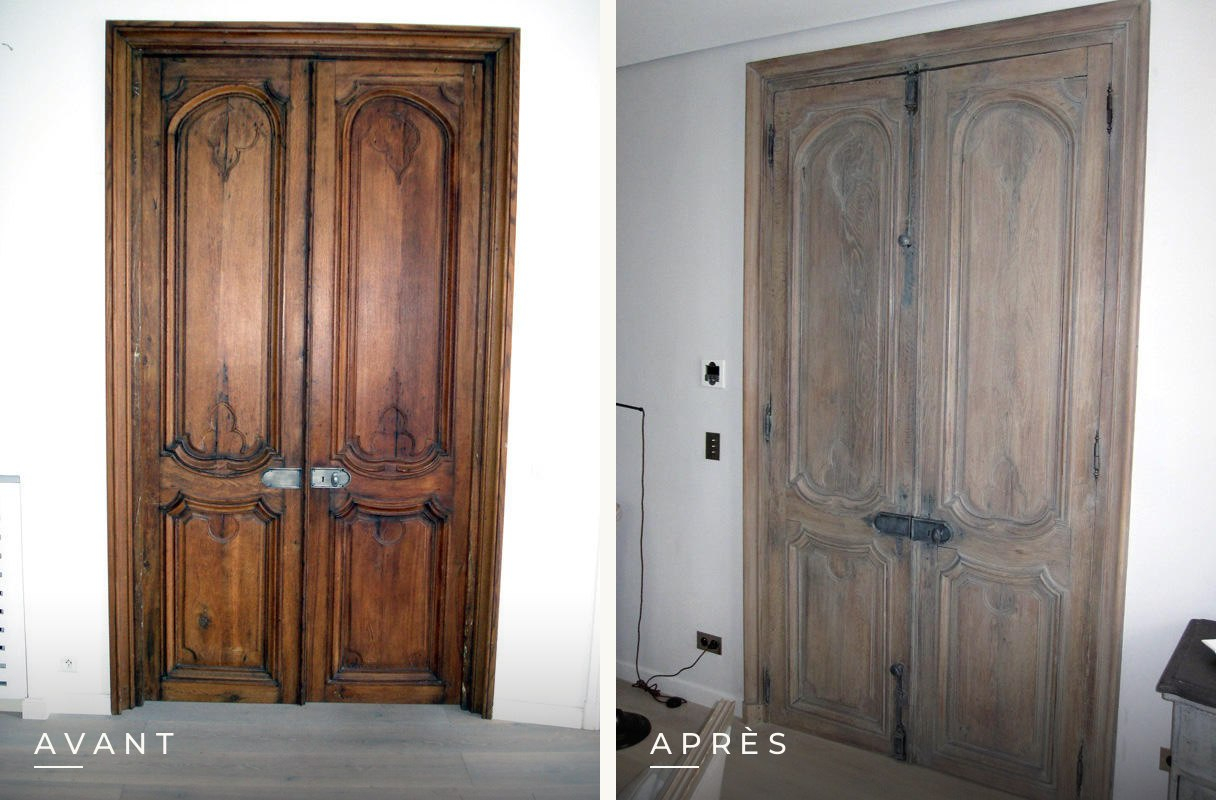 Porte ancienne en bois remise en valeur par une patine : avant et après
