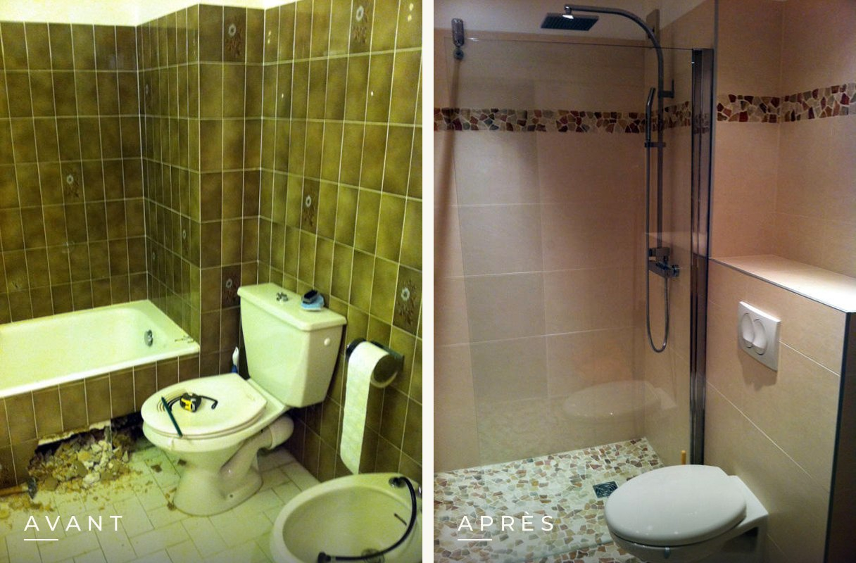Salle de bain refaite en faïence avec sol de douche en galets : avant et après
