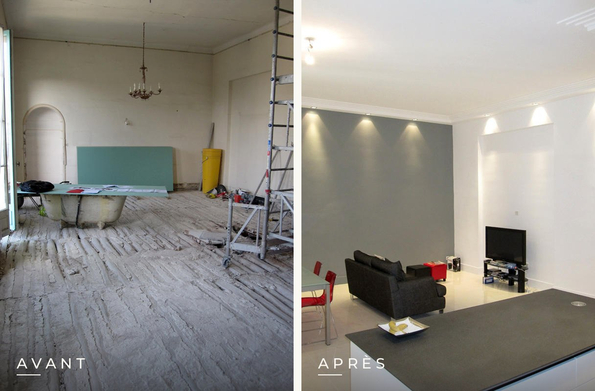 Séjour en chantier puis réaménagé avec mur gris et éclairage encastré : avant et après