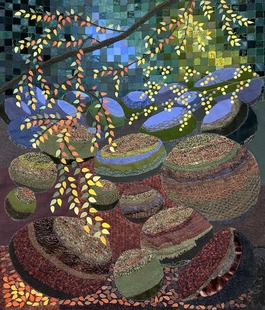 alt="Tableau de l'artiste textile Sophie Corruble - Le cahos de Houelgouat dans les Monts d'Arrée en Bretagne "