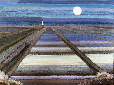 alt="tableau en textile de l'artiste Sophie Corruble représentant le marais inondé en bord de Seine à Quevillon""