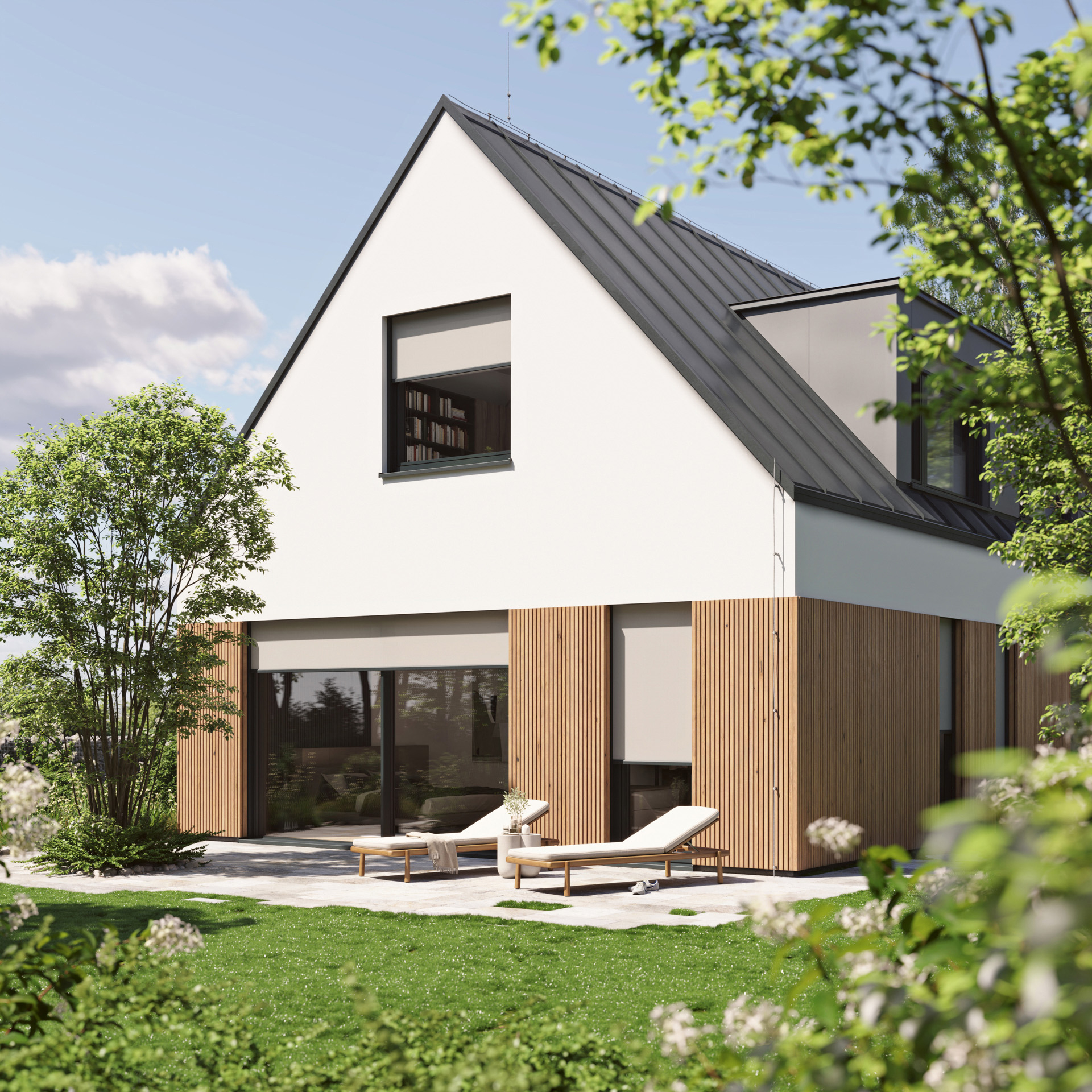 Villa contemporaine sublimé par ses stores toiles verticaux intégrables Unirol 110 Niche Z