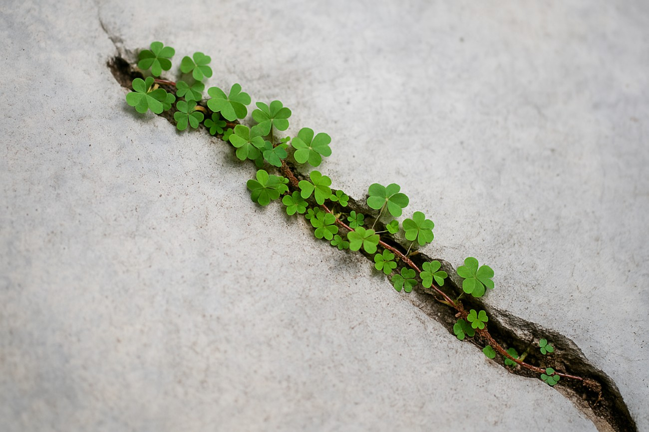 Plantes dans une fissure de béton symbolise la blessure qui cicatrise grâce aux plantes.