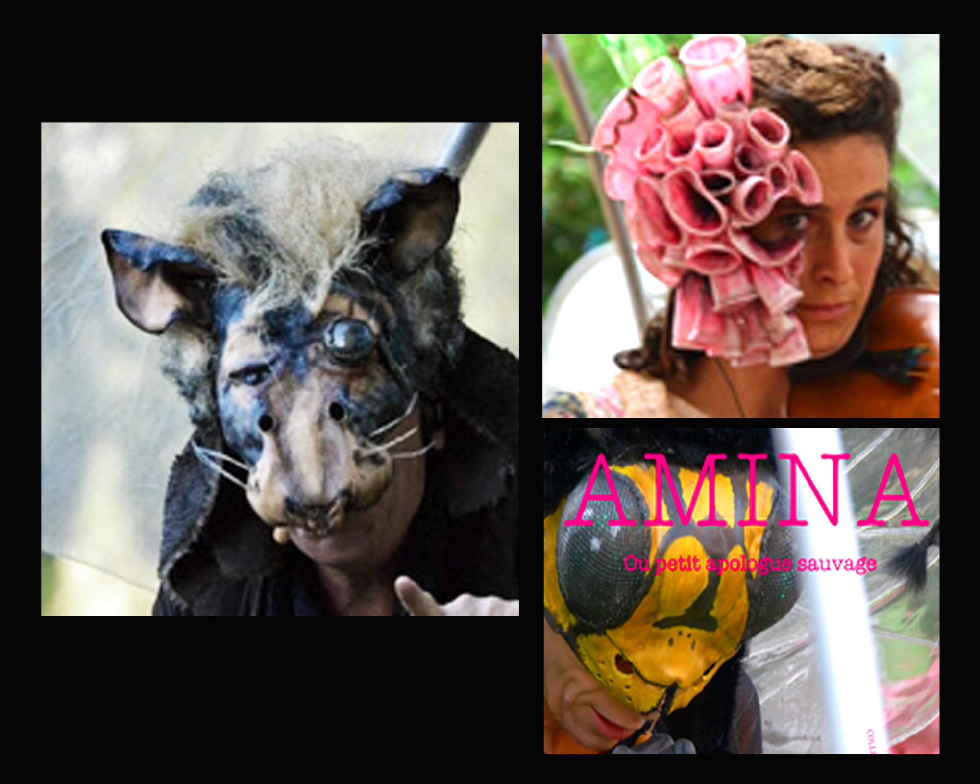 Masque d'animaux : Rat augmenté  en worbla, bille de verre, fourrure et corde. Abeille en worbla, yeux en grille,  