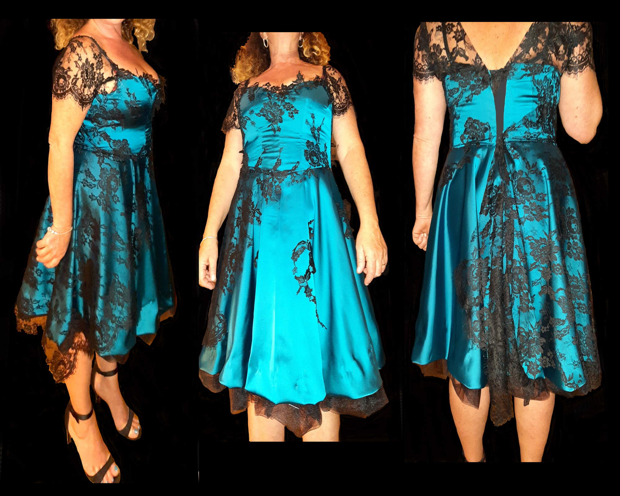 Robe de Cocktail Sur Mesure, Satin bleu pétrole et Dentelle noire rebrodée