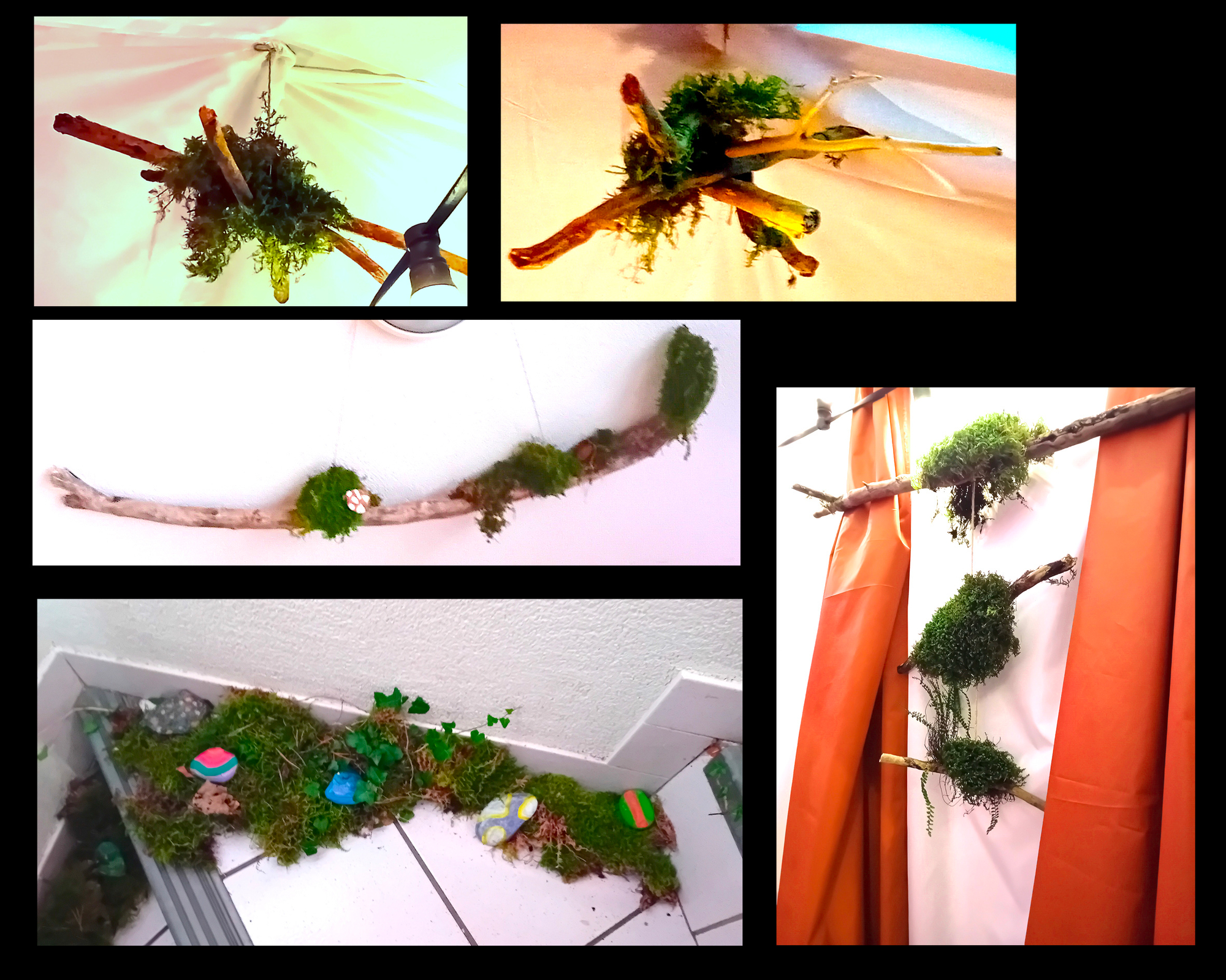 Décoration en bois flottants, mousses et cailloux peints 