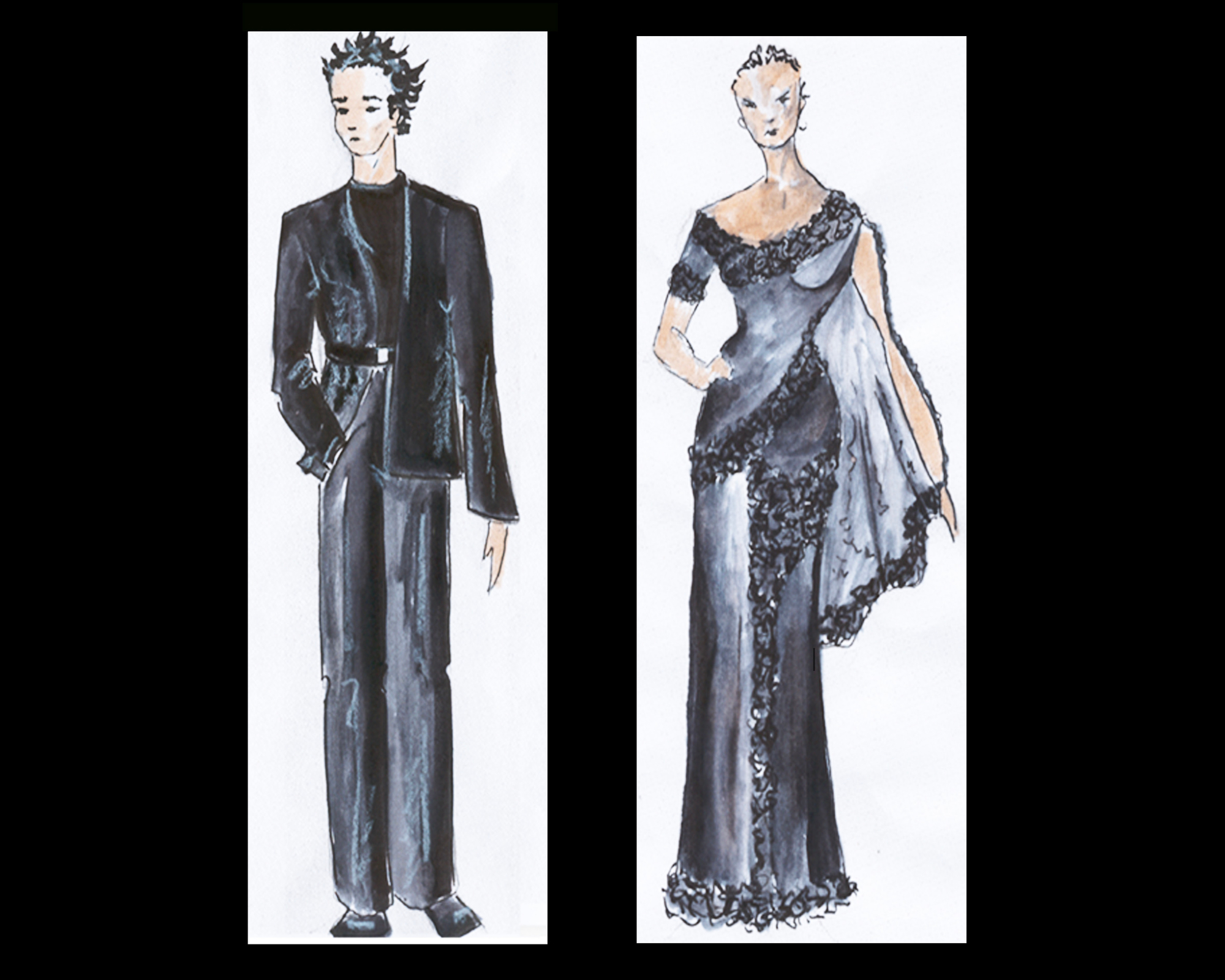 Dessin d'une Robe de cocktail et d'un Costume homme Pour un mariage. Robe en Dentelle et mousseline de soie, Veste en Satin