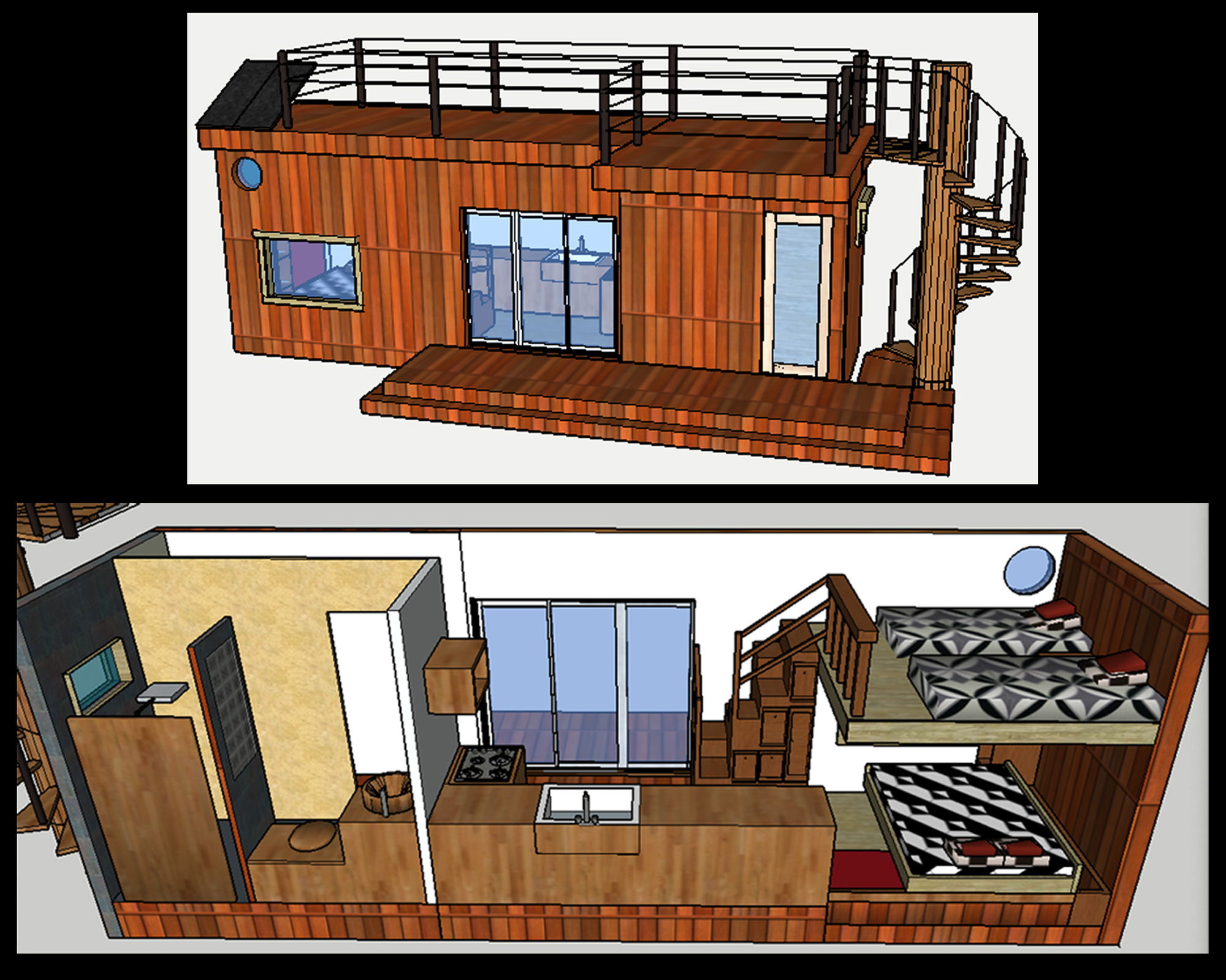 Modélisation d'un studio container pour de l'accueil touristique Container de 20 m2 aménagé avec lit du bas amovible