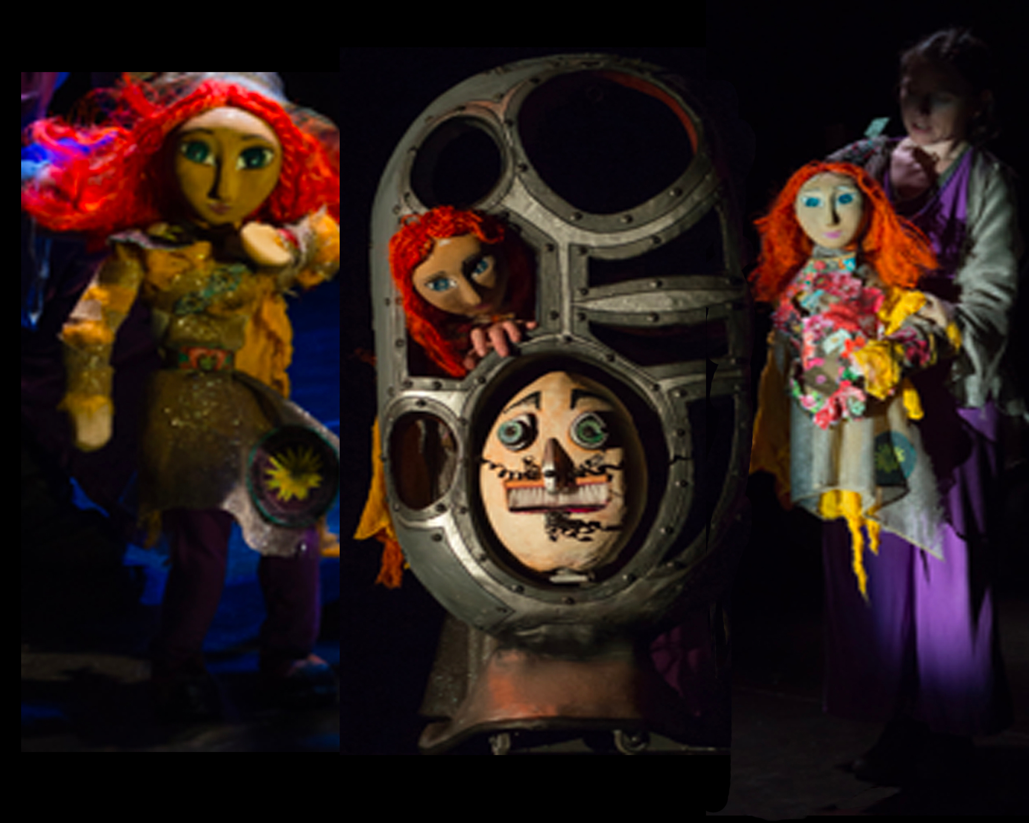 Jeune fille en marionnette à gaine, et marionnette tête avec bouche articulée.lée 