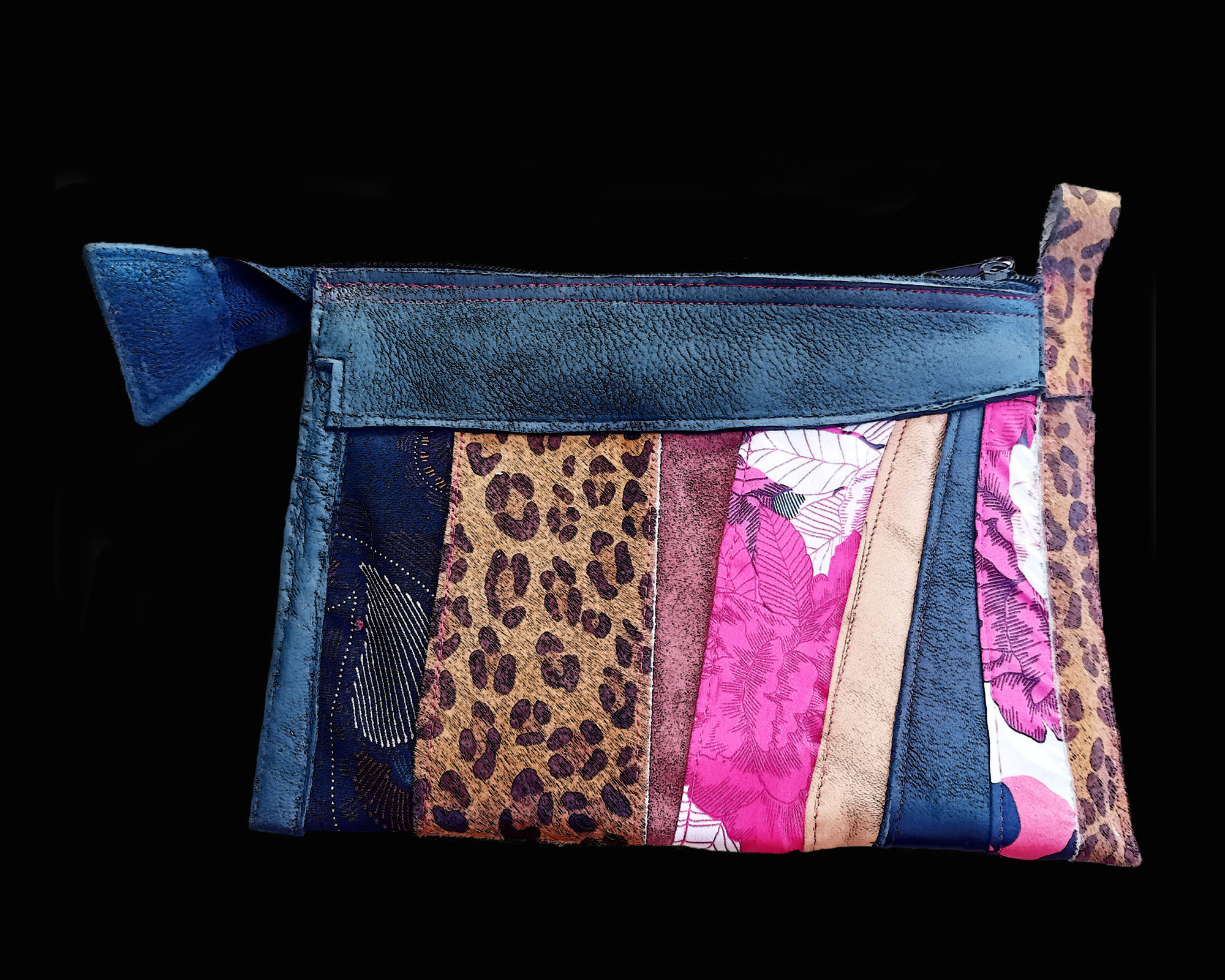pochette patchwork Cuir, ubuk et soie