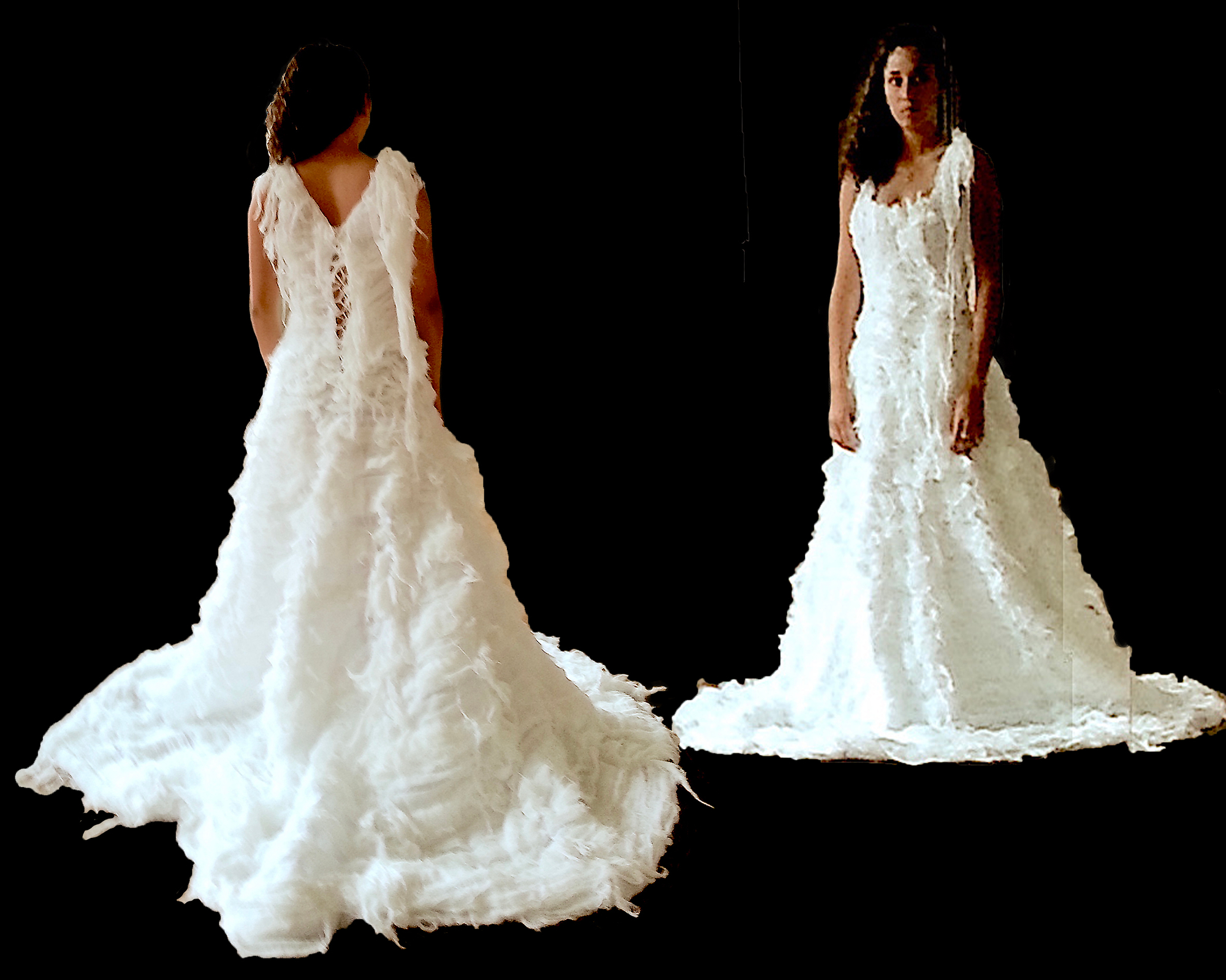 Robe de Mariée Sur Mesure Constituée de centaine de morceaux de mousseline de coton qui donnaient l'effet de plumes vaporeuses 