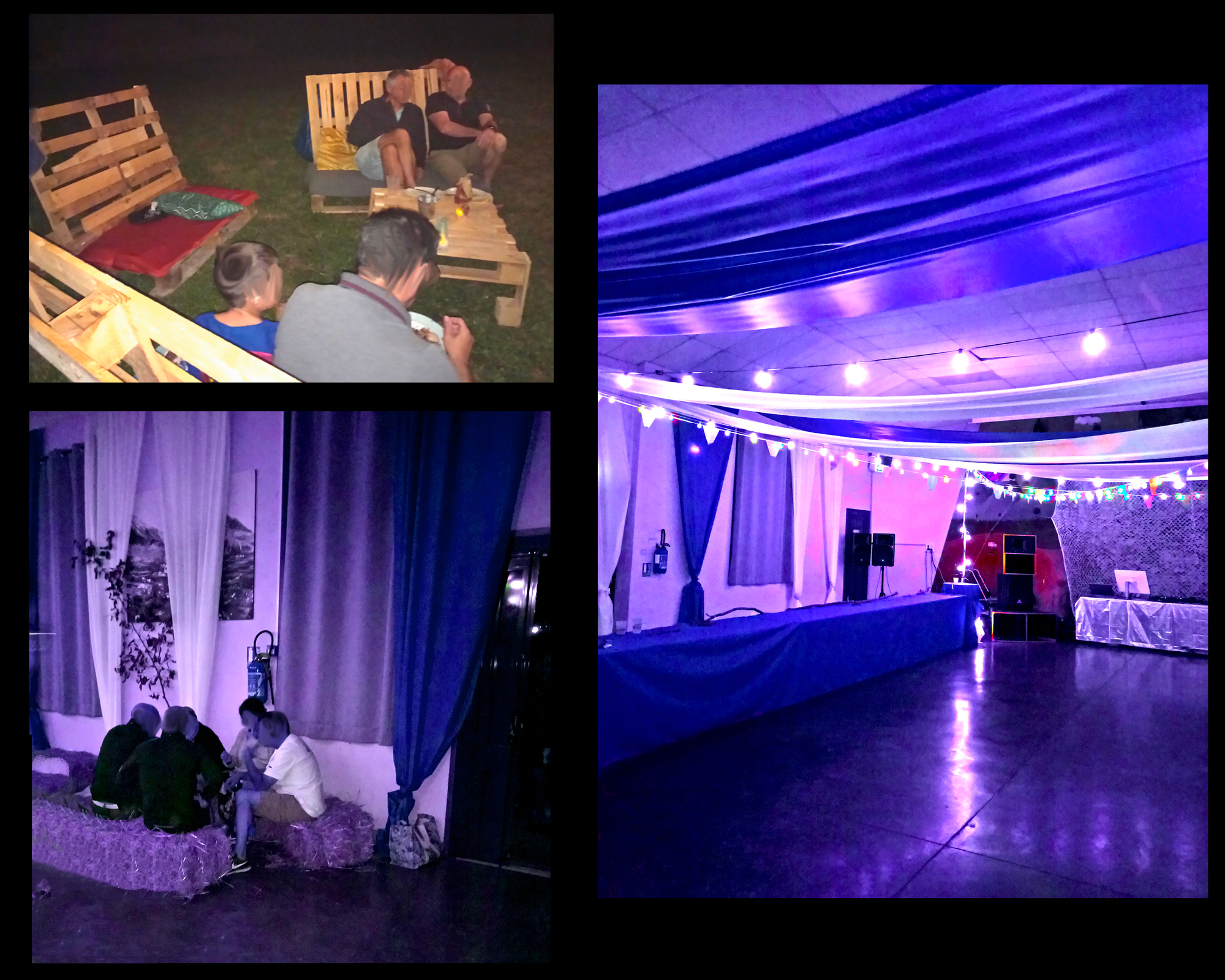 Décoration pour un anniversaire Thème campagne, tissus tendus. Branches de saules. Bottes de paille. Assise en pallettes à l'extérieur.