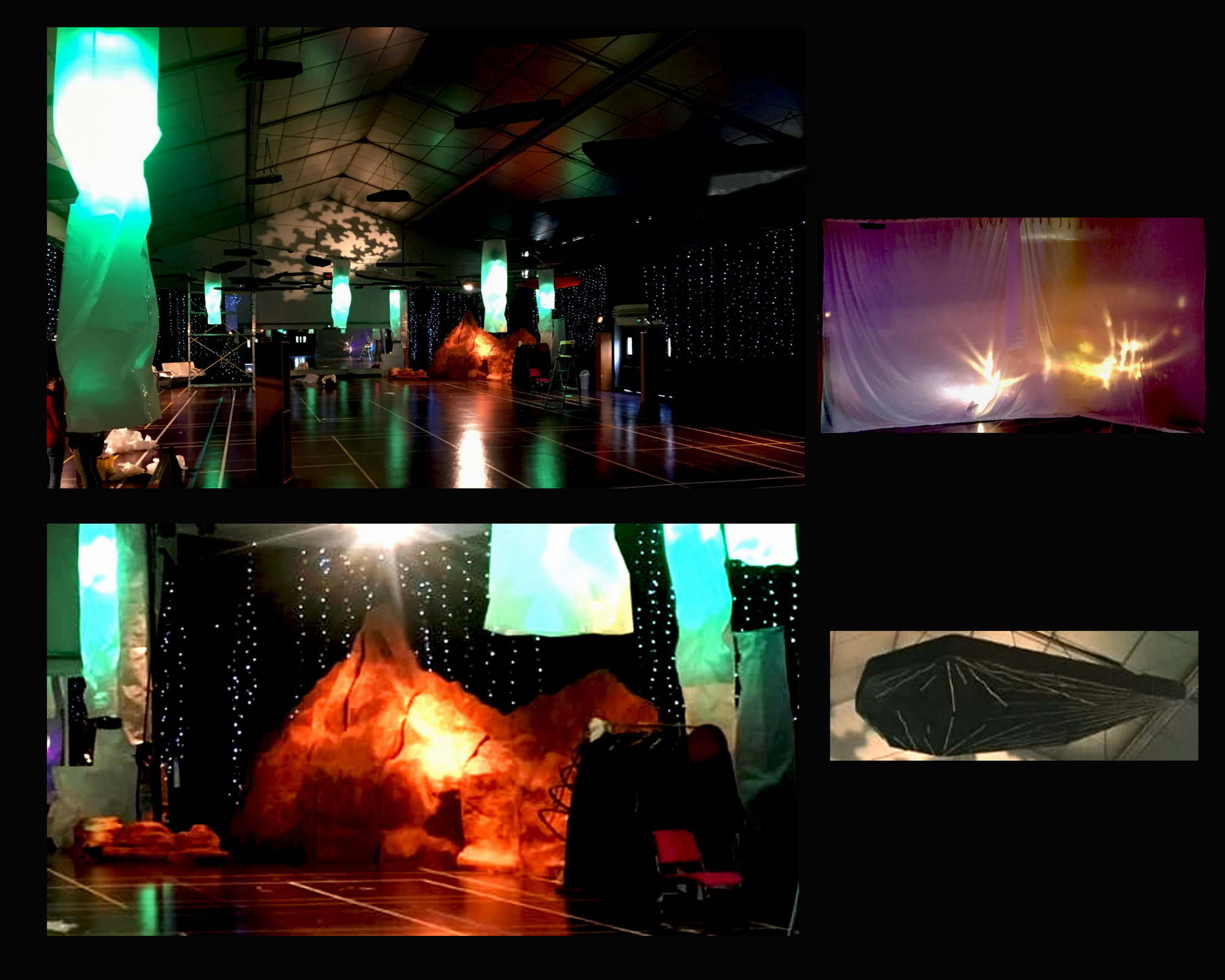 Décoration de salle pour un arbre de Noël sur le Thème de l'espace De haut en bas, et de gauche à droite: changement de couleur des Tubes, Espace photo avec un gros bloc de pierre "marsiennne" avec costumes mis à disposition. Toile tendu avec éclairage qui crée des feux follets. Suspension constellé de strass 