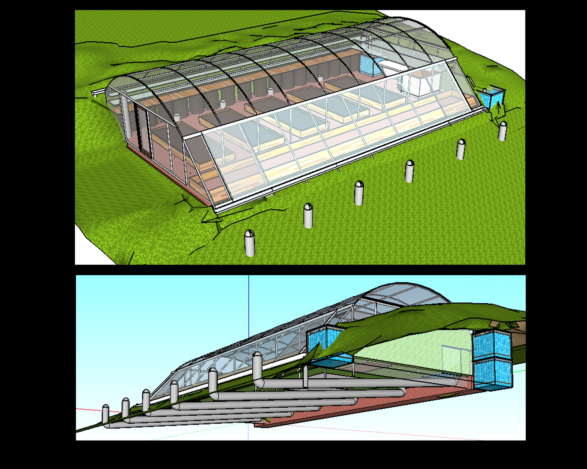 Modélisation d'une serre Bio- climatique Arceaux et Bâche, Géothermie, mur d'inertie d'eau, réservoir de récupération d'eau de pluie