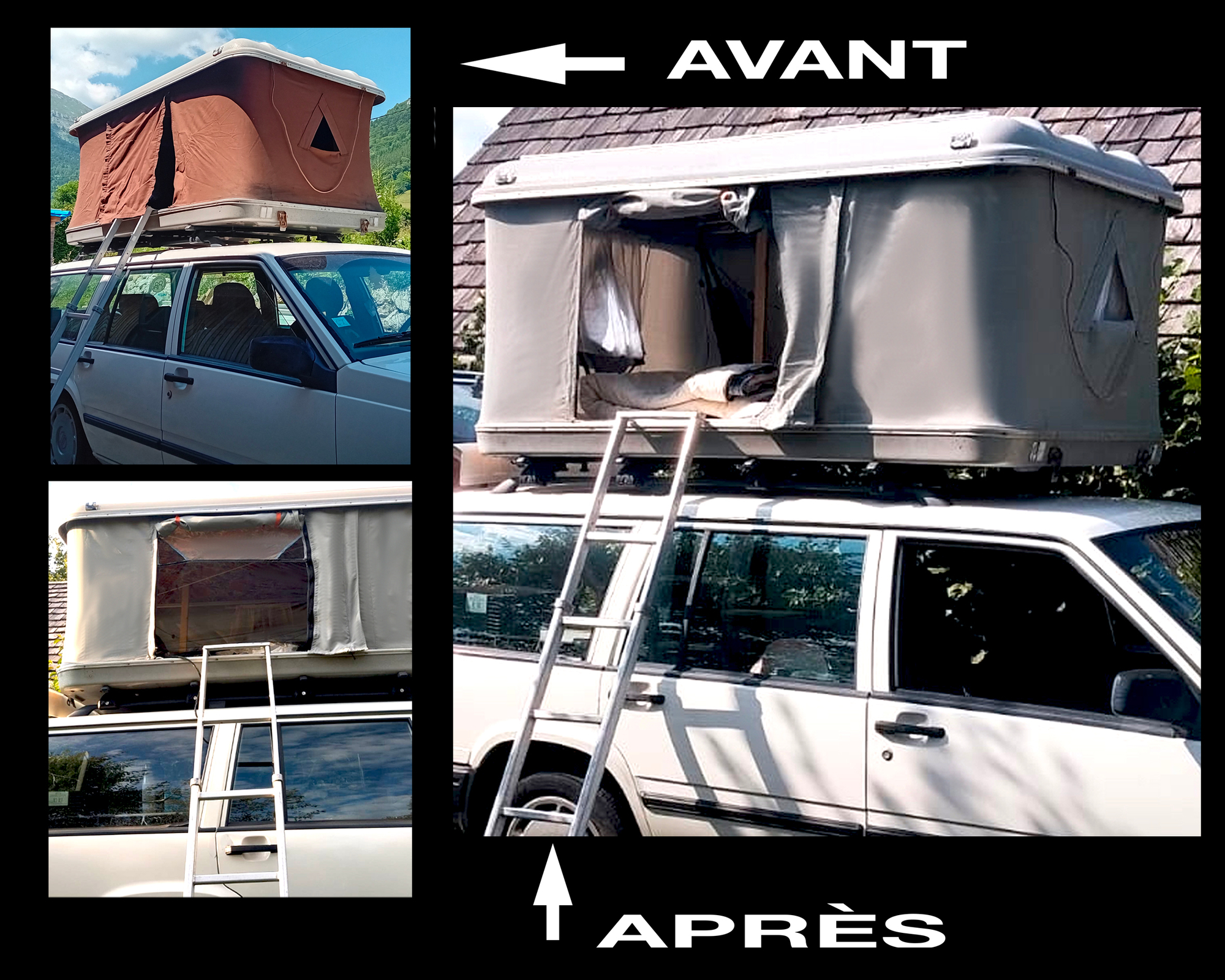 Réfection et amélioration d'une toile de tente de toit, avec ajout de moustiquaires aux fenêtres et à l'entrée