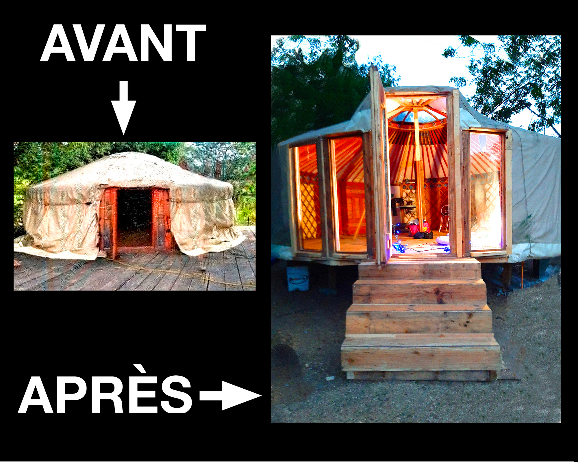 Rénovation d'une Yourte traditionnelle mongole Fabrication d'un plancher rond, de modules de portes et fenêtres, d'un escalier et d'un appenti 