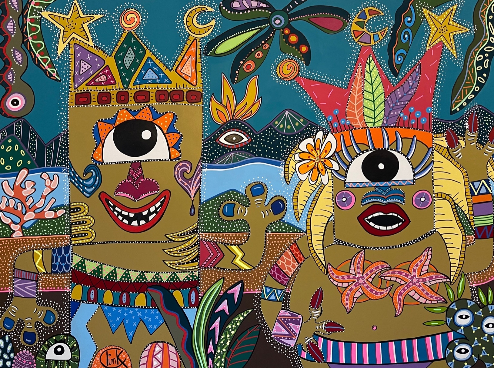 peinture figuration libre art tribal coloré joyeux totems