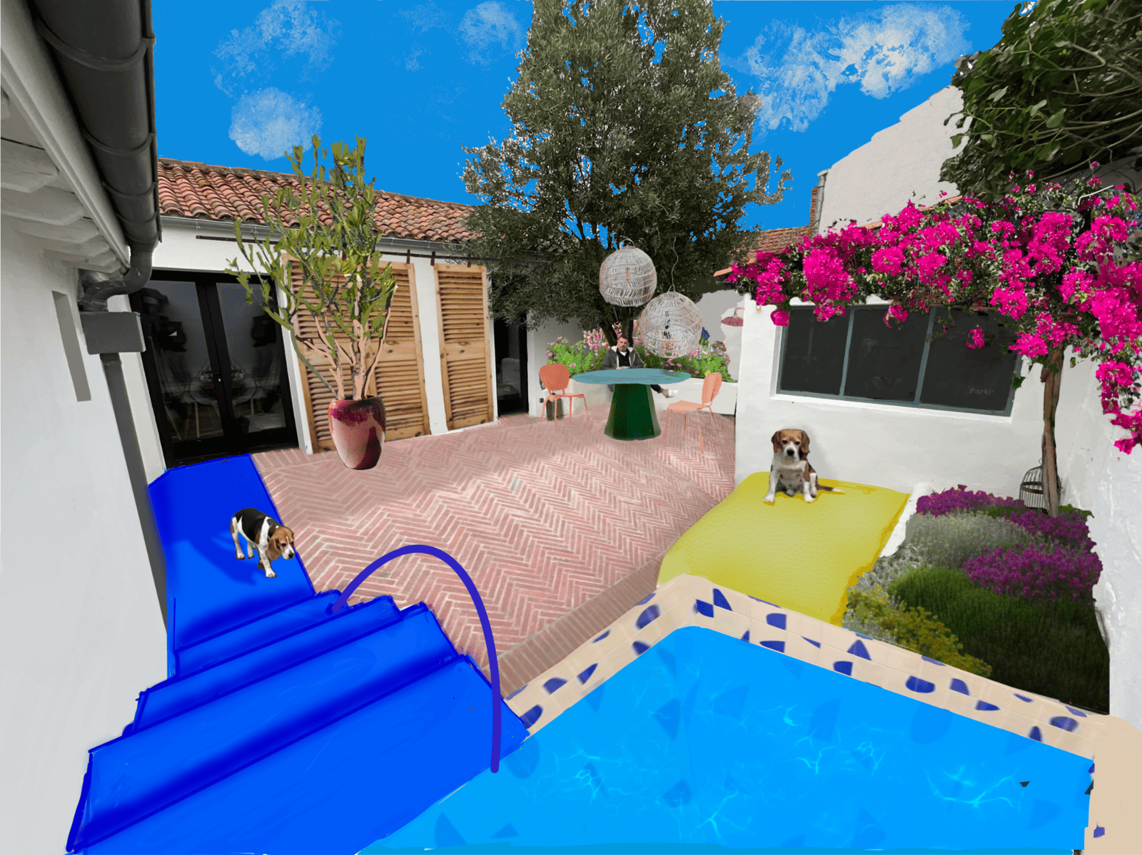 Aménagement extérieur à La Rochelle inspiré des jardins Majorelle, avec matériaux variés