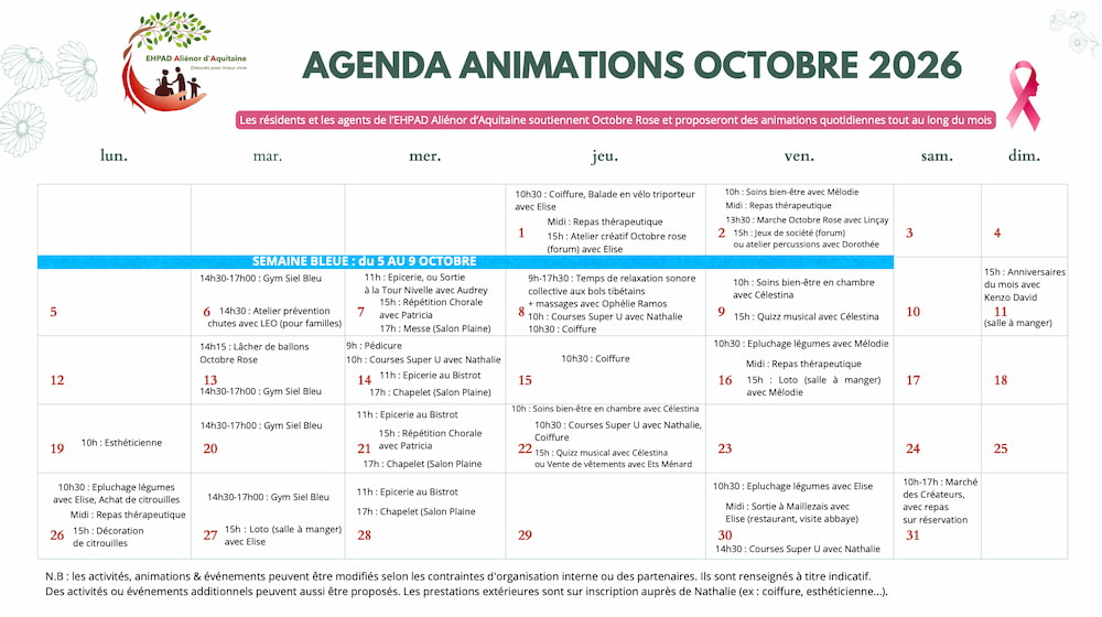 Agenda des animations - Octobre 2026